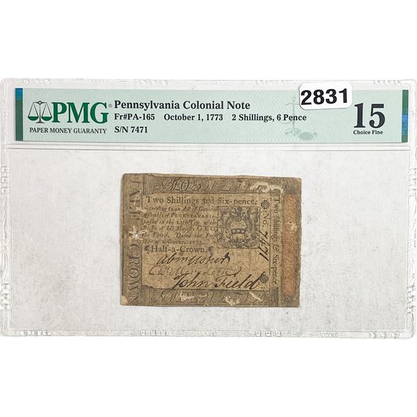 1773 2S, 6P Penn. Colonial Note PMG 15 Choice Fine