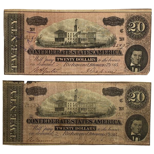 [2 Bills]1864 $220 Confederate States of America Note