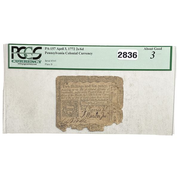 1772 2s/6d Penn. Colonial Currency PCGS 3 About G