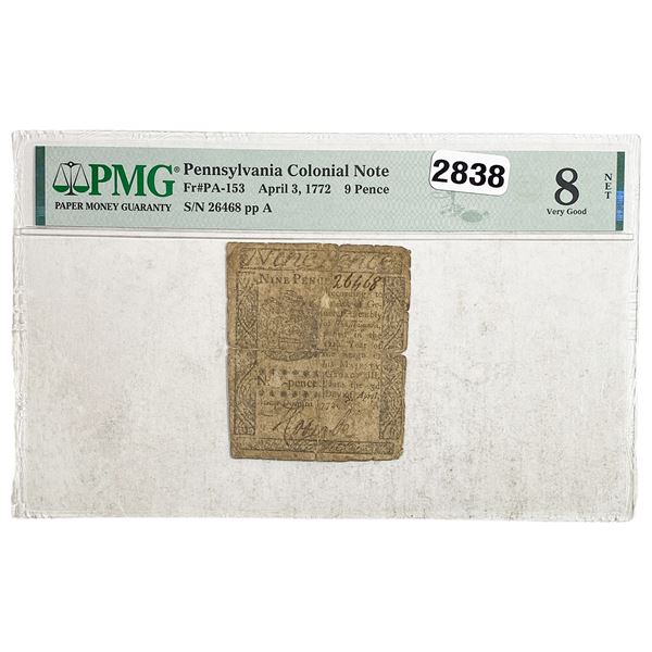 1772 9 Pence Penn. Colonial Note PMG 8 VG