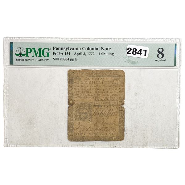 1772 1 Shilling Penn. Colonial Note PMG 8 VG
