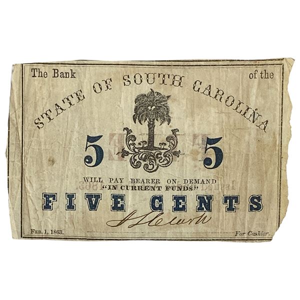1863 5C State ofSouth Carolina Fractional Currency