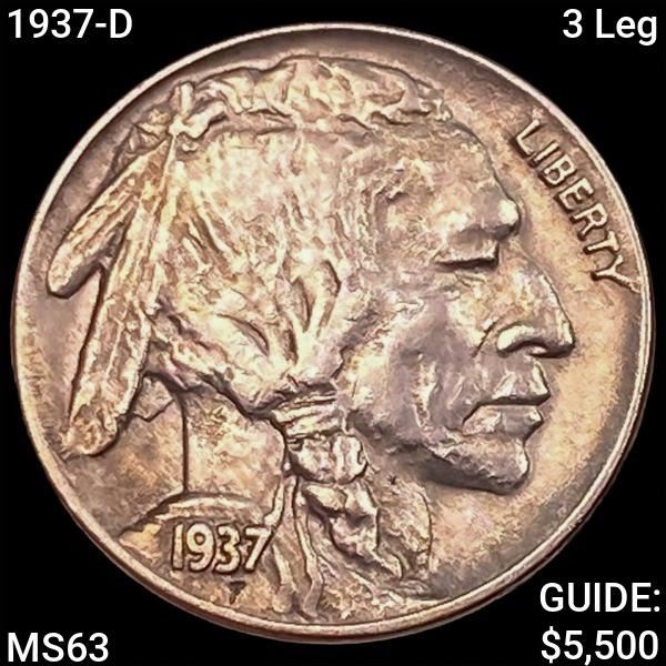1937-D 3 Leg Buffalo Nickel CHOICE BU