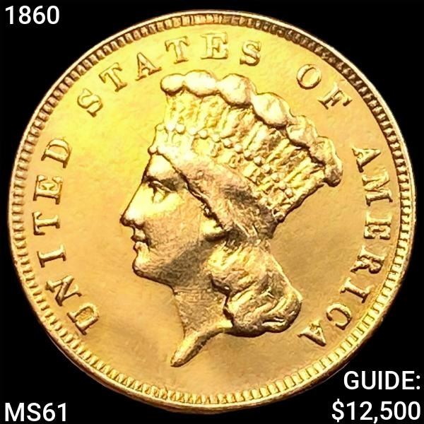 1860 $3 Gold Piece UNCIRCULATED