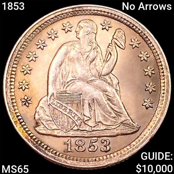 1853 No Arrows Seated Liberty Dime GEM BU
