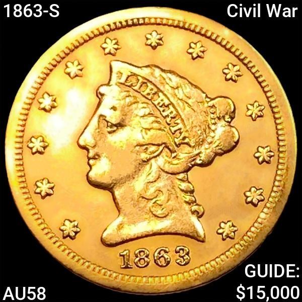 1863-S Civil War $2.50 Gold Quarter Eagle CHOICE AU
