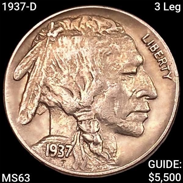 1937-D 3 Leg Buffalo Nickel CHOICE BU