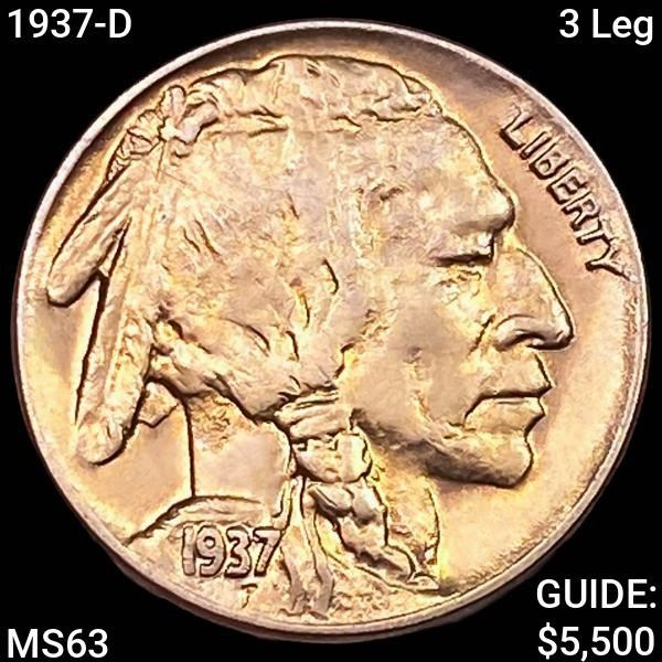 1937-D 3 Leg Buffalo Nickel CHOICE BU