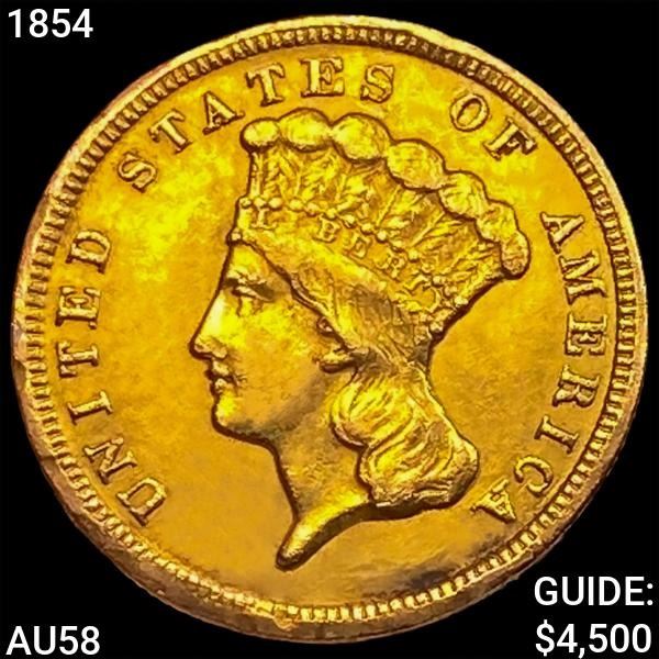 1854 $3 Gold Piece CHOICE AU