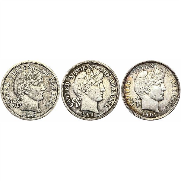 1901-1916 High Grade Barber Dime Lot [3 Coins]