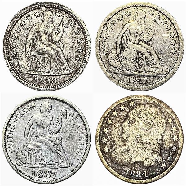 1834-1887 Early US Dime Lot [4 Coins]