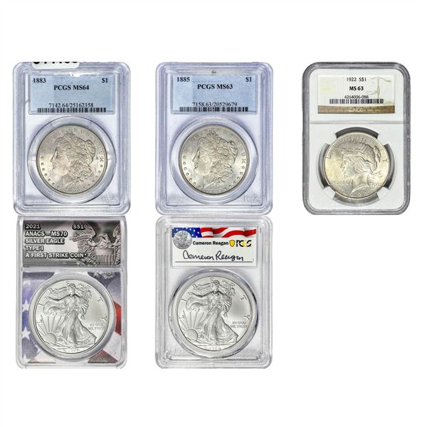 1883-2021 GEM BU US Silver Dollar Lot [5 Coins] PCGS/NGC/ANACS MS63-70