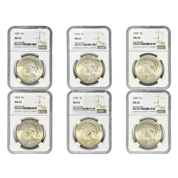 [6 Coins] 1925 GEM BU Silver Peace Dollars NGC MS63