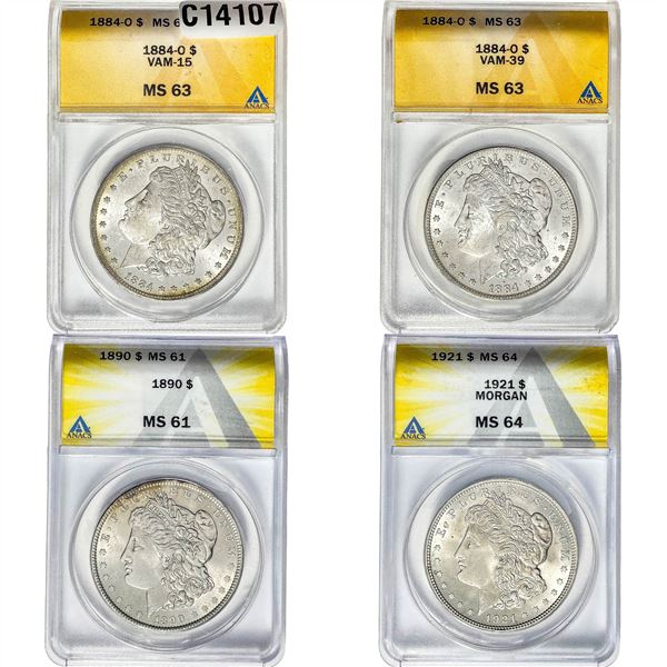 1884-1921 GEM BU Morgan Silver Dollar Lot [4 Coins] ANACS MS61-64
