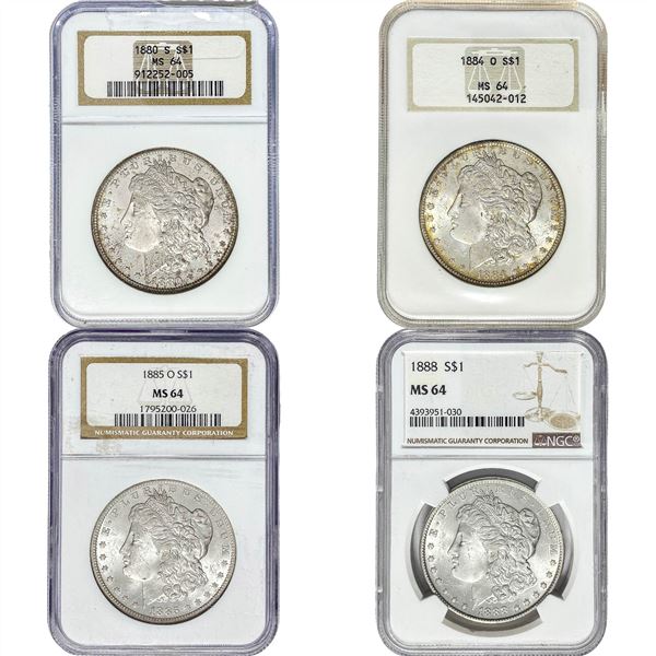 1880-1888 GEM BU Morgan Silver Dollar Lot [4 Coins] NGC MS64