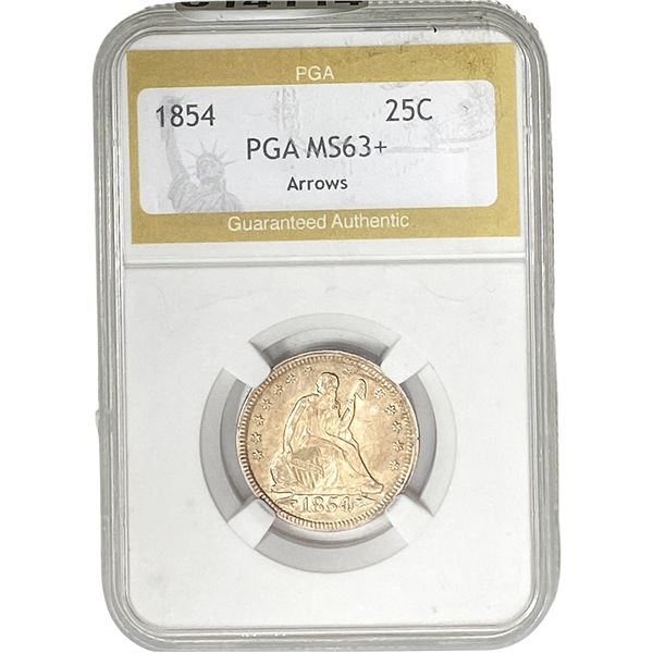 1854 Arrows Seated Liberty Quarter PGA MS63+