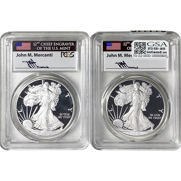 2018-W, 2018-S GEM Proof US Silver Eagle Lot [2 Coins] PCGS PR70 DCAM; Mercanti