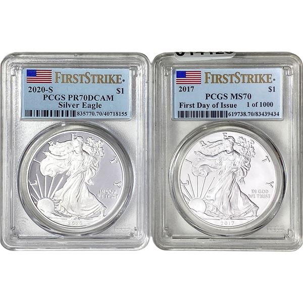 2017, 2020-S GEM US Silver Eagle Lot [2 Coins] PCGS MS/PR70