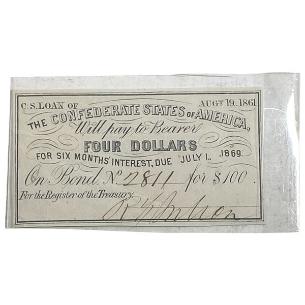 1861 Confederate State Treasury Bond