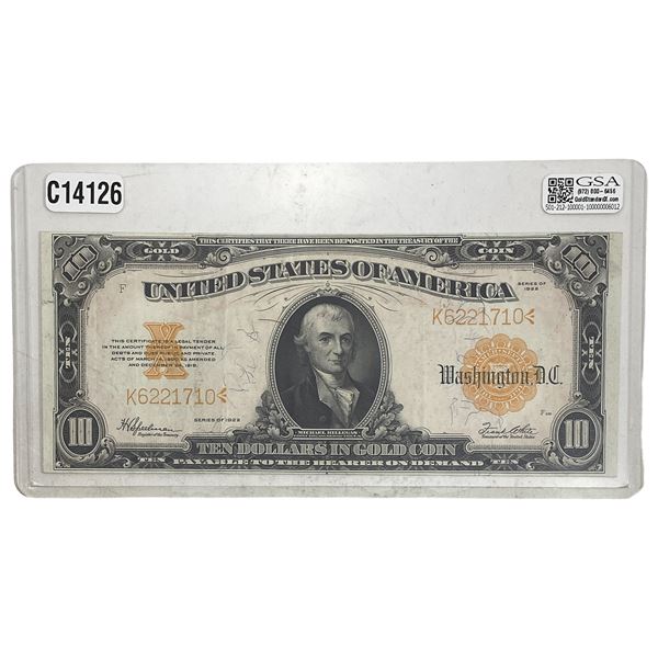 1922 High Grade US $10 Gold Certificate