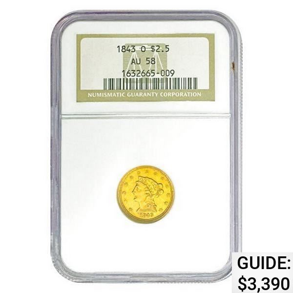 1843-O $2.50 Gold Quarter Eagle NGC AU58
