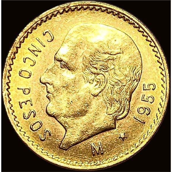 1955 Mexico .1206oz Gold 5 Pesos GEM BU