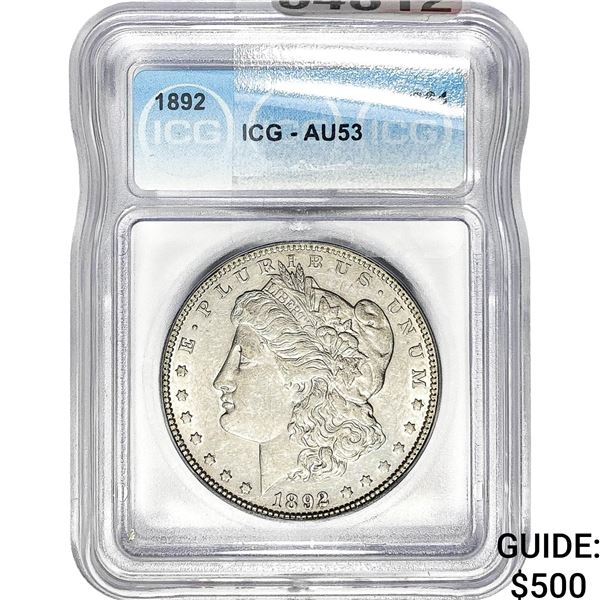 1892 Morgan Silver Dollar ICG AU53
