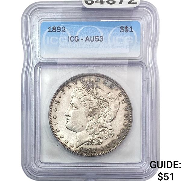 1892 Morgan Silver Dollar ICG AU53