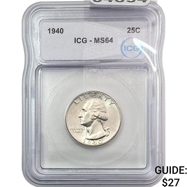 1940 Washington Silver Quarter ICG MS64