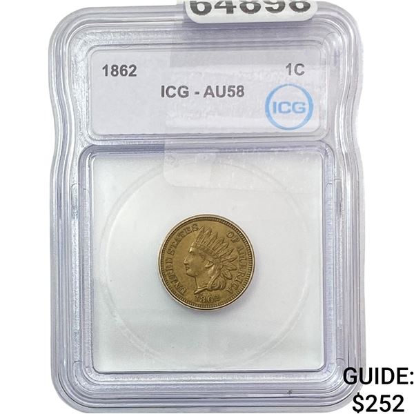 1862 Indian Head Cent ICG AU58