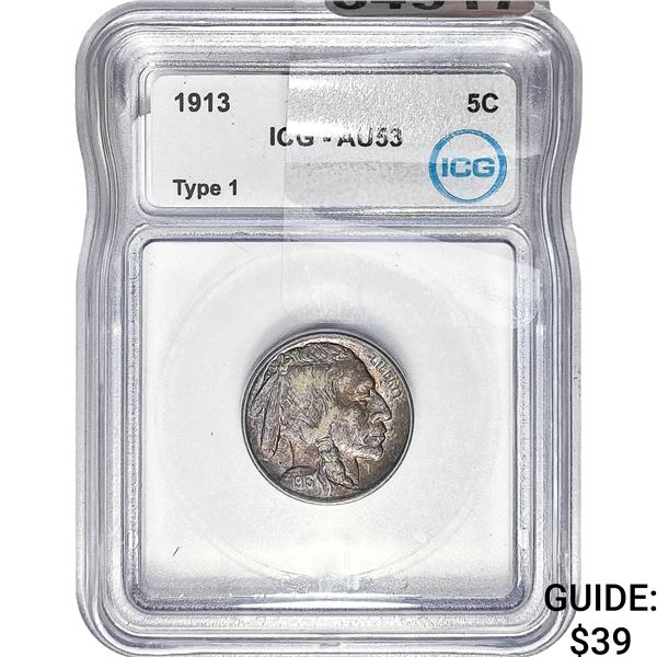1913 Buffalo Nickel ICG AU53