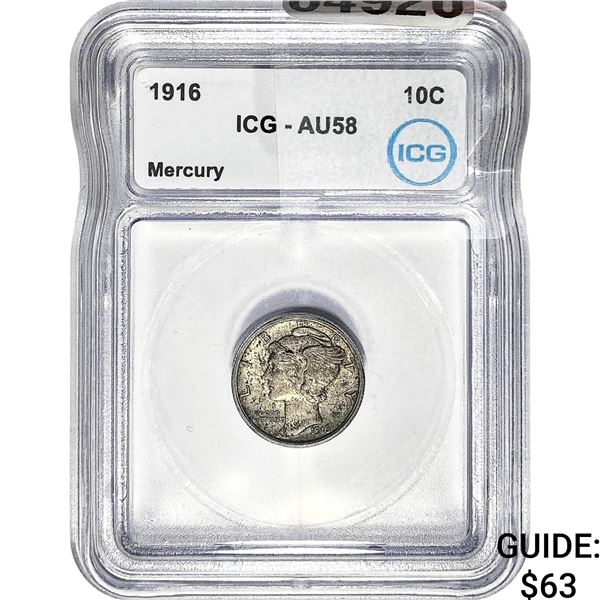 1916 Mercury Silver Dime ICG AU58