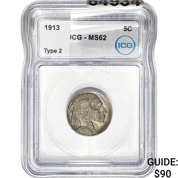 1913 Buffalo Nickel ICG MS62 Type 2