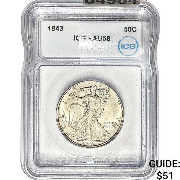 1943 Walking Liberty Half Dollar ICG AU58
