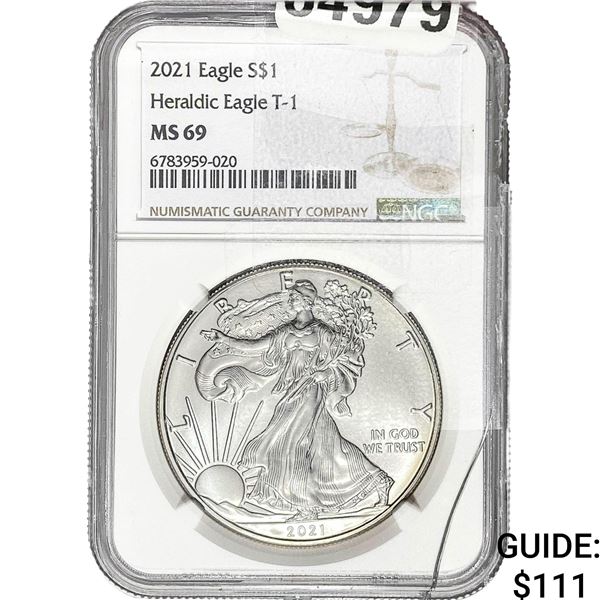 2021 $1 Silver Eagle NGC MS69 Heraldic Eagle T-1