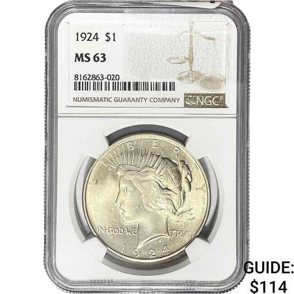 1924 Silver Peace Dollar NGC MS63