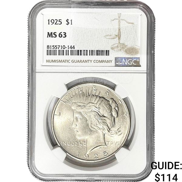 1925 Silver Peace Dollar NGC MS63