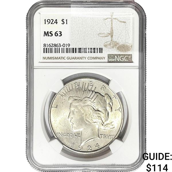 1924 Silver Peace Dollar NGC MS63