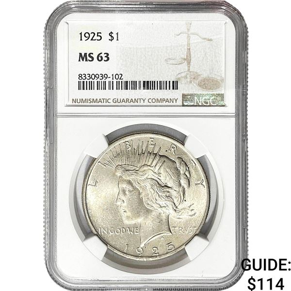 1925 Silver Peace Dollar NGC MS63