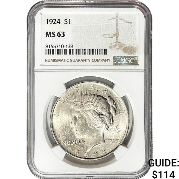 1924 Silver Peace Dollar NGC MS63