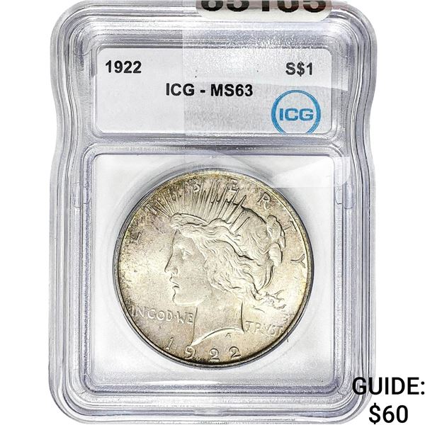 1922 Silver Peace Dollar ICG MS63