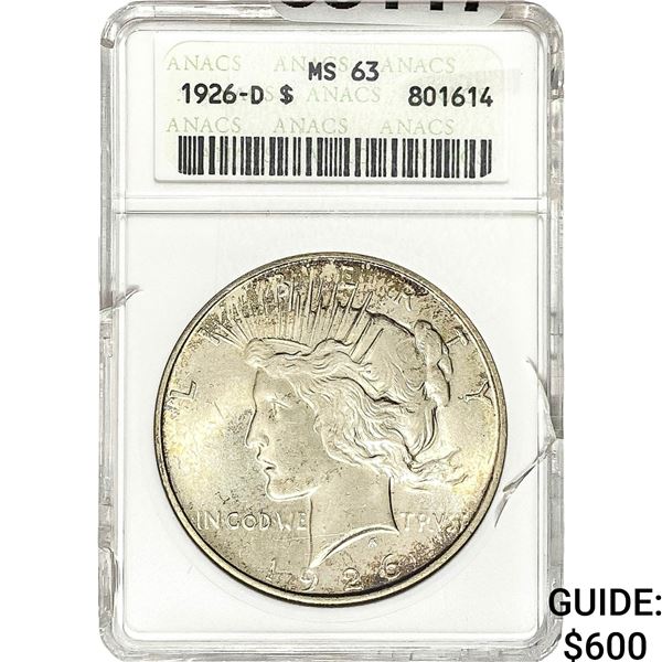 1926-D Silver Peace Dollar ANACS MS63
