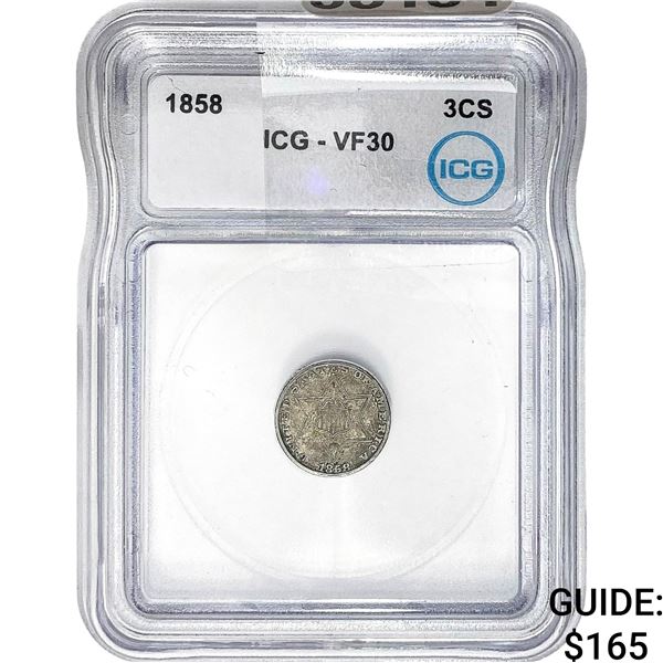 1858 Silver Three Cent ICG VF30