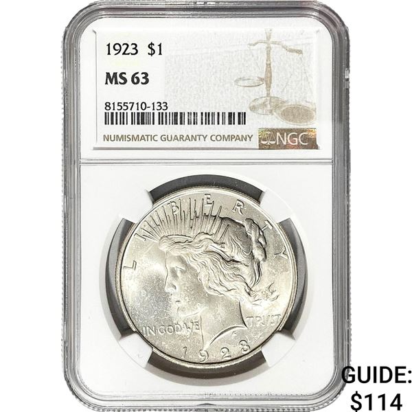 1923 Silver Peace Dollar NGC MS63