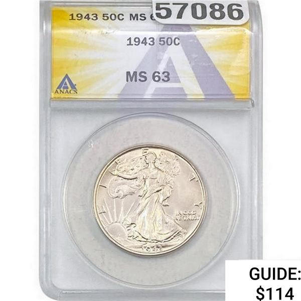 1943 Walking Liberty Half Dollar ANACS MS63