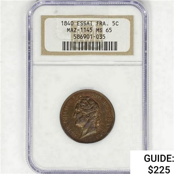 1840 Bronze Essai France 5C NGC MS65