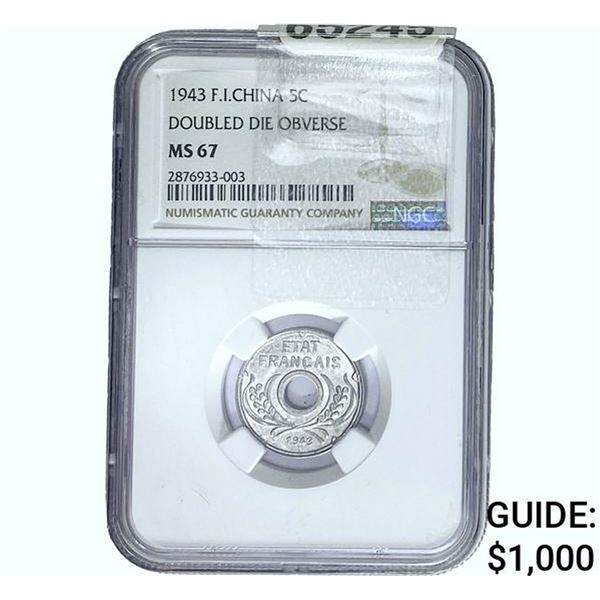 1943 5C F.I. China NGC MS67 DBL Die Obverse