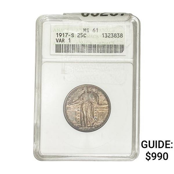 1917-S Standing Liberty Quarter ANACS MS61 VAR 1