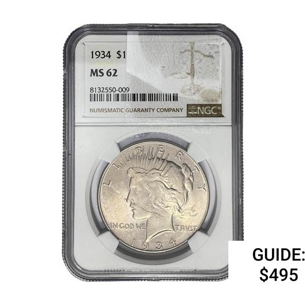1934 Silver Peace Dollar NGC MS62