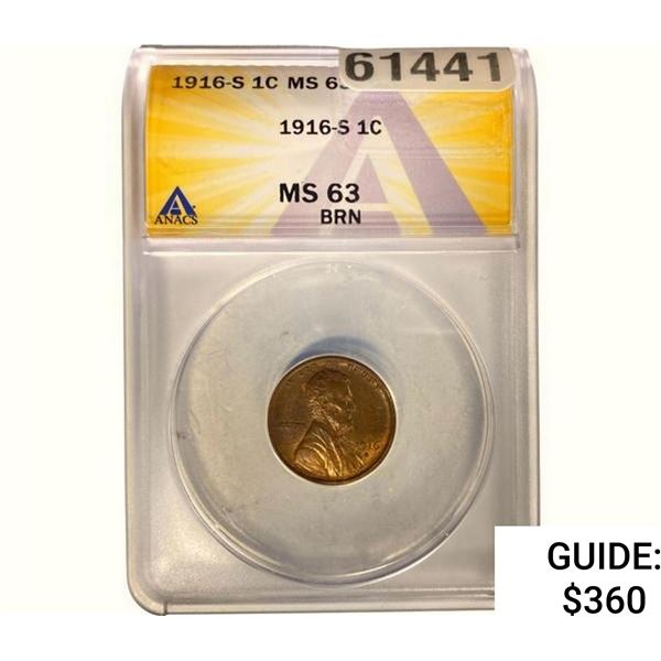 1916-S Wheat Cent ANACS MS63